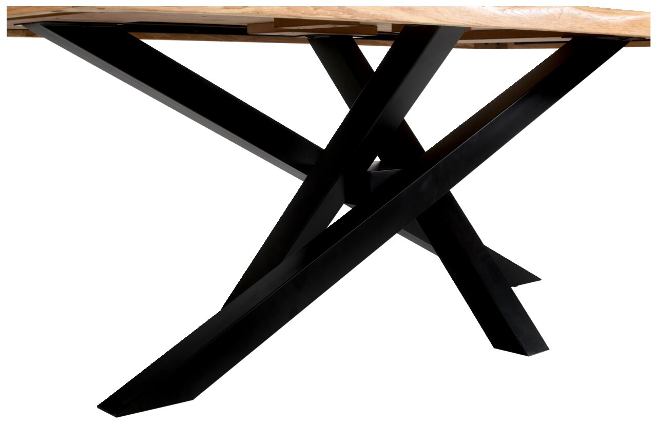 Landscape Esstisch DOMINO Nahaufnahme der Tischbeine eines Esstisches mit schwarzem Metallgestell in X-Form, seitliche Perspektive