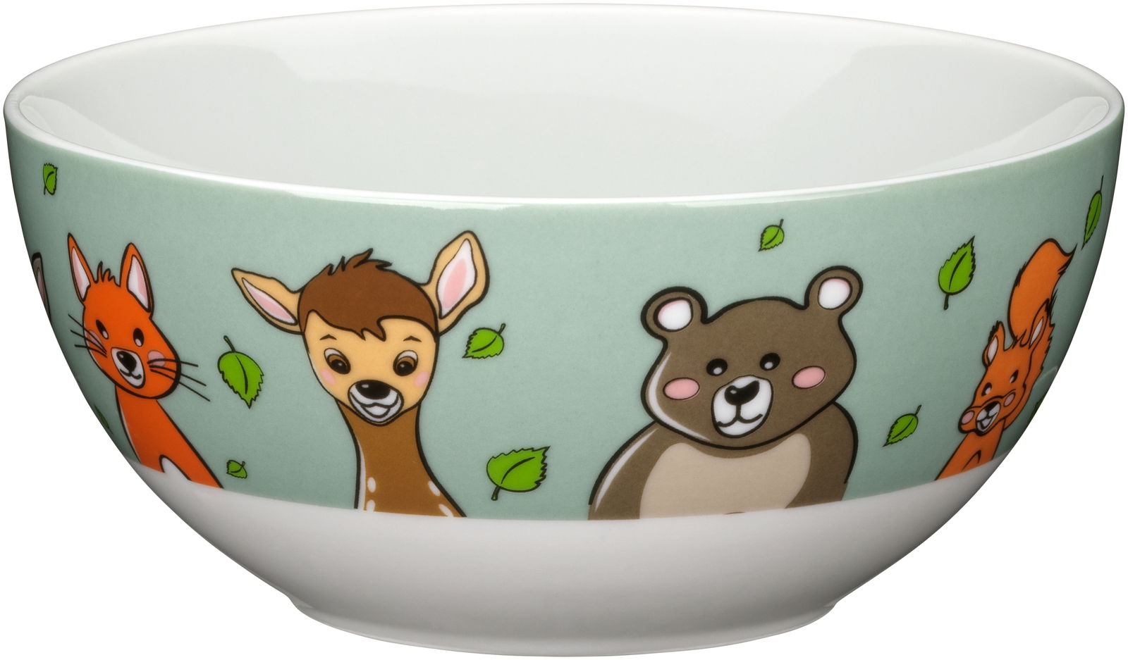 Schüssel mit Waldtiermotiven, darunter Fuchs, Reh und Bär, auf grünem Hintergrund. Seitliche Perspektive.