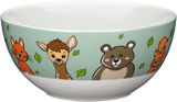 Schüssel mit Waldtiermotiven, darunter Fuchs, Reh und Bär, auf grünem Hintergrund. Seitliche Perspektive.