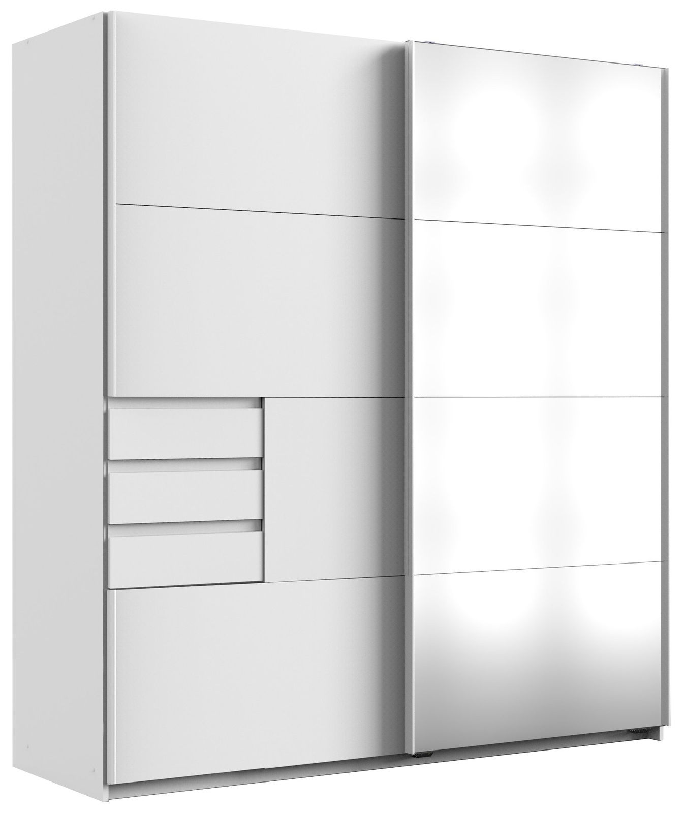 Moderner weißer Schwebetürenschrank mit zwei Türen, eine davon mit Spiegel, und mehreren Schubladen, seitliche Perspektive