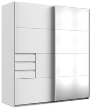 Moderner weißer Schwebetürenschrank mit zwei Türen, eine davon mit Spiegel, und mehreren Schubladen, seitliche Perspektive