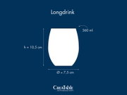 Schematische Frontansicht eines bauchigen Longdrink-Glases mit 360 ml Fassungsvermögen, Höhe 10,5 cm und Durchmesser 7,5 cm auf blauem Hintergrund