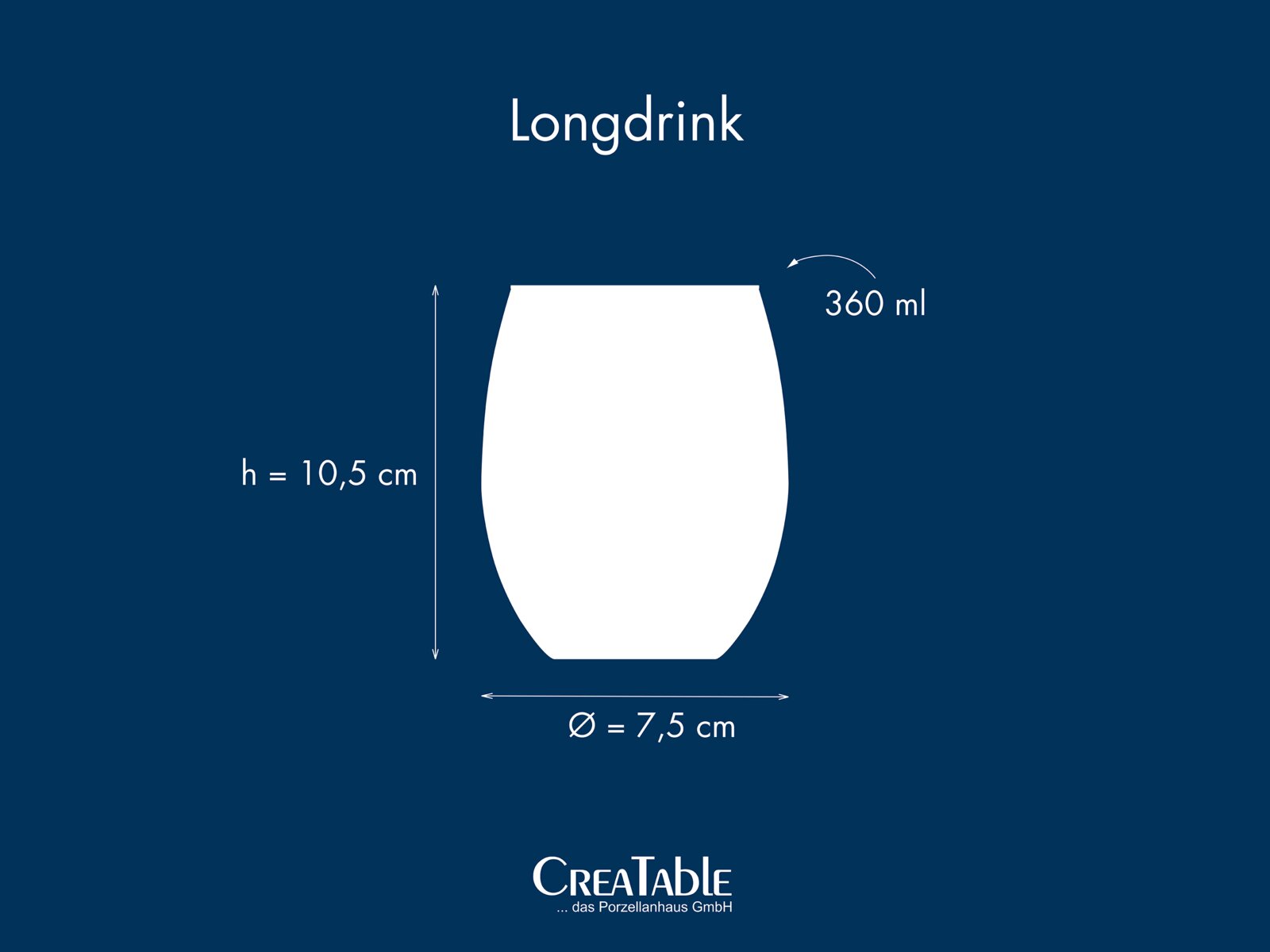 Schematische Frontansicht eines bauchigen Longdrink-Glases mit 360 ml Fassungsvermögen, Höhe 10,5 cm und Durchmesser 7,5 cm auf blauem Hintergrund