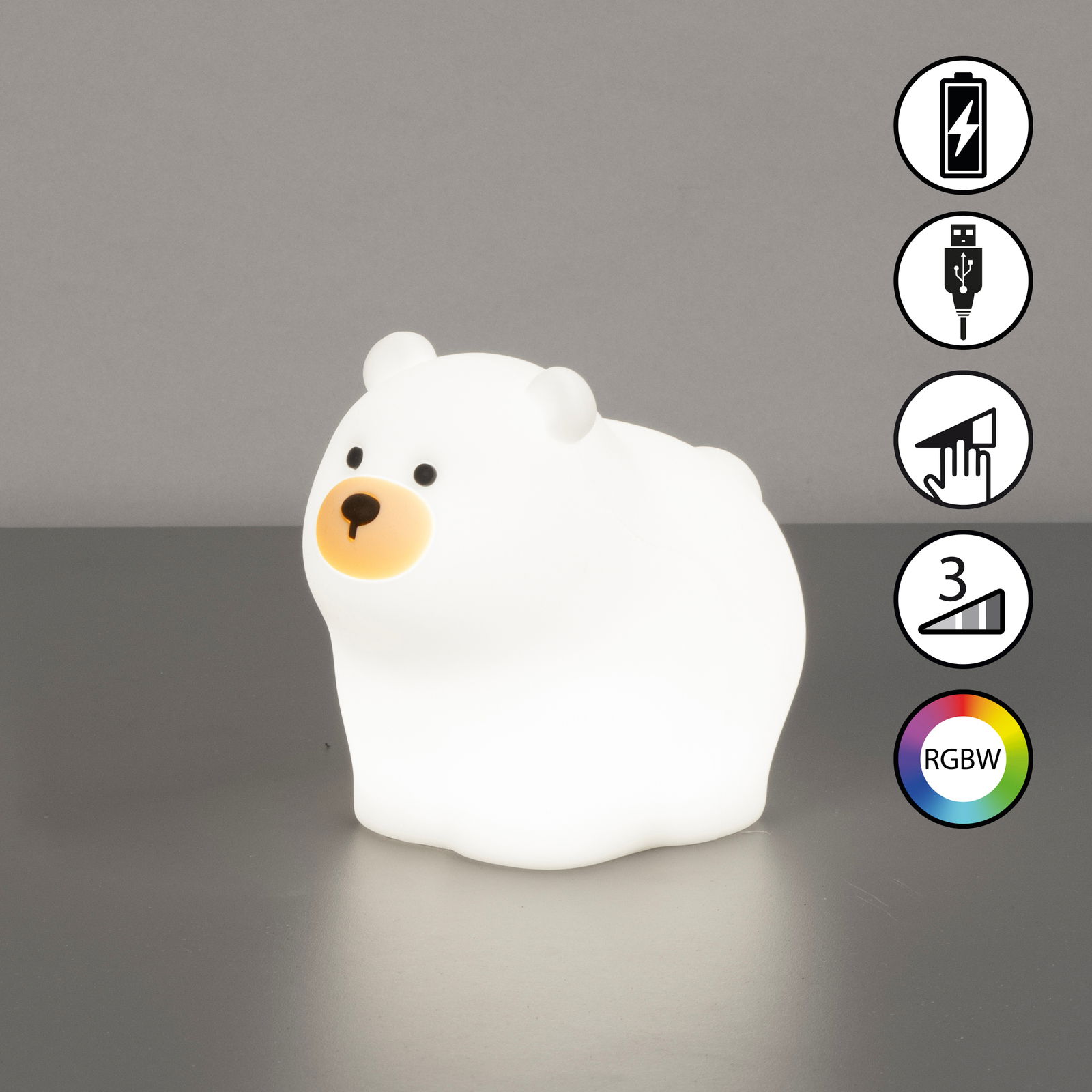 Akku-Nachtlicht in Form eines sitzenden Eisbären, seitliche Perspektive, mit USB-Anschluss und RGBW-Farbwechsel.