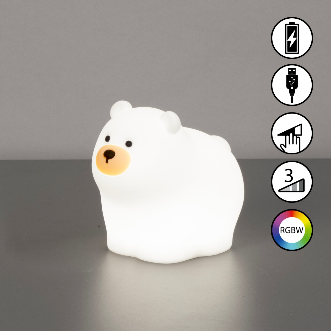 Akku-Nachtlicht in Form eines sitzenden Eisbären, seitliche Perspektive, mit USB-Anschluss und RGBW-Farbwechsel.