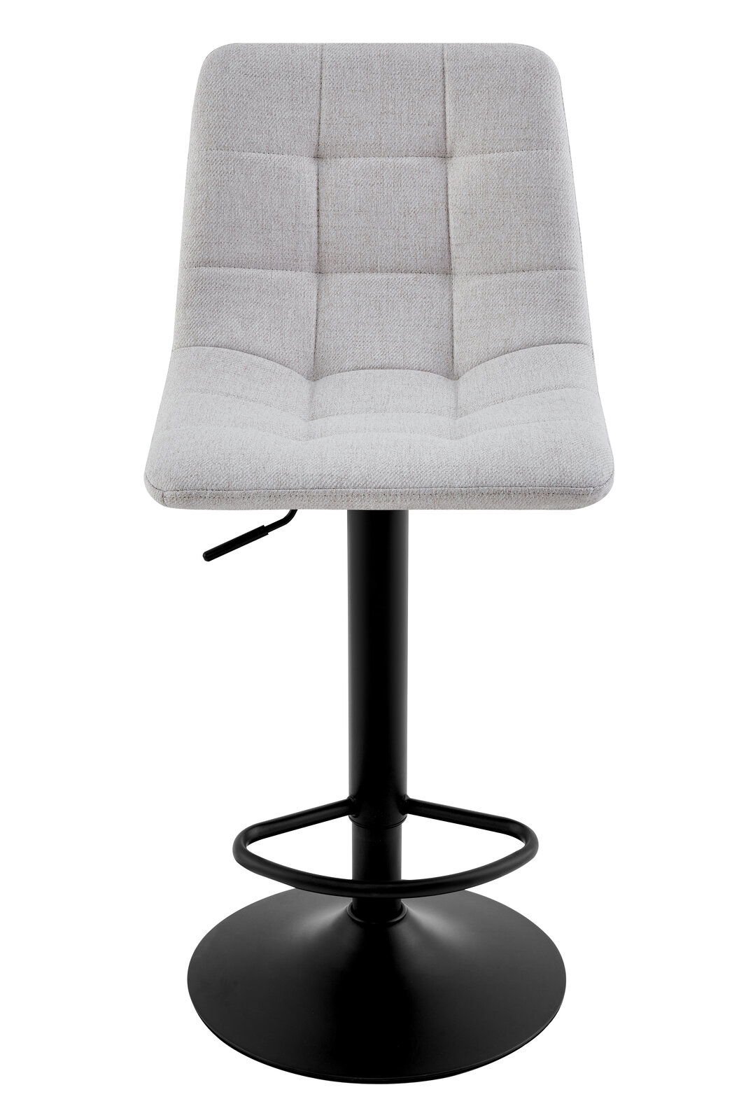 Moderner Barhocker mit grauem, gepolstertem Sitz und schwarzem Metallfuß, Frontalansicht.