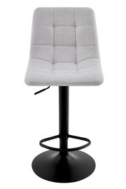 Moderner Barhocker mit grauem, gepolstertem Sitz und schwarzem Metallfuß, Frontalansicht.