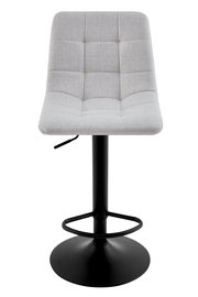 Moderner Barhocker mit grauem, gepolstertem Sitz und schwarzem Metallfuß, Frontalansicht.