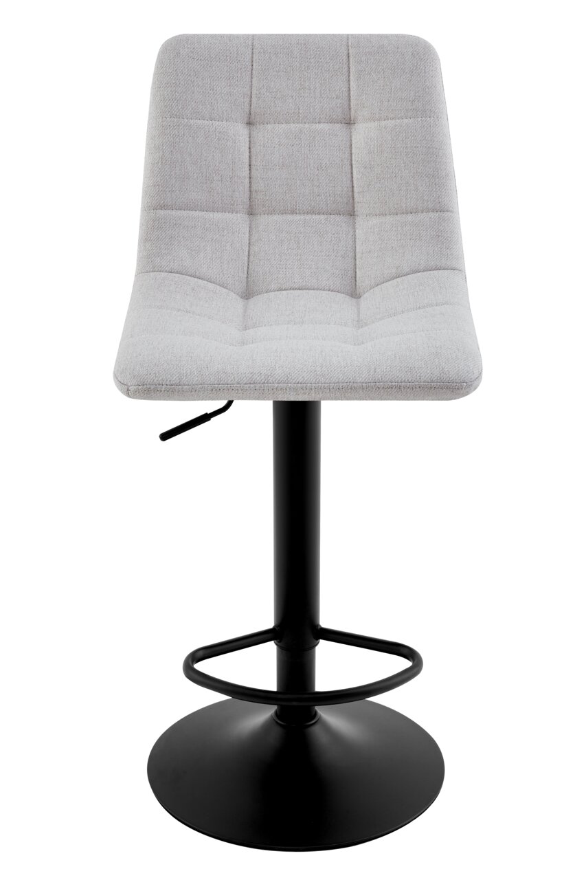 Moderner Barhocker mit grauem, gepolstertem Sitz und schwarzem Metallfuß, Frontalansicht.