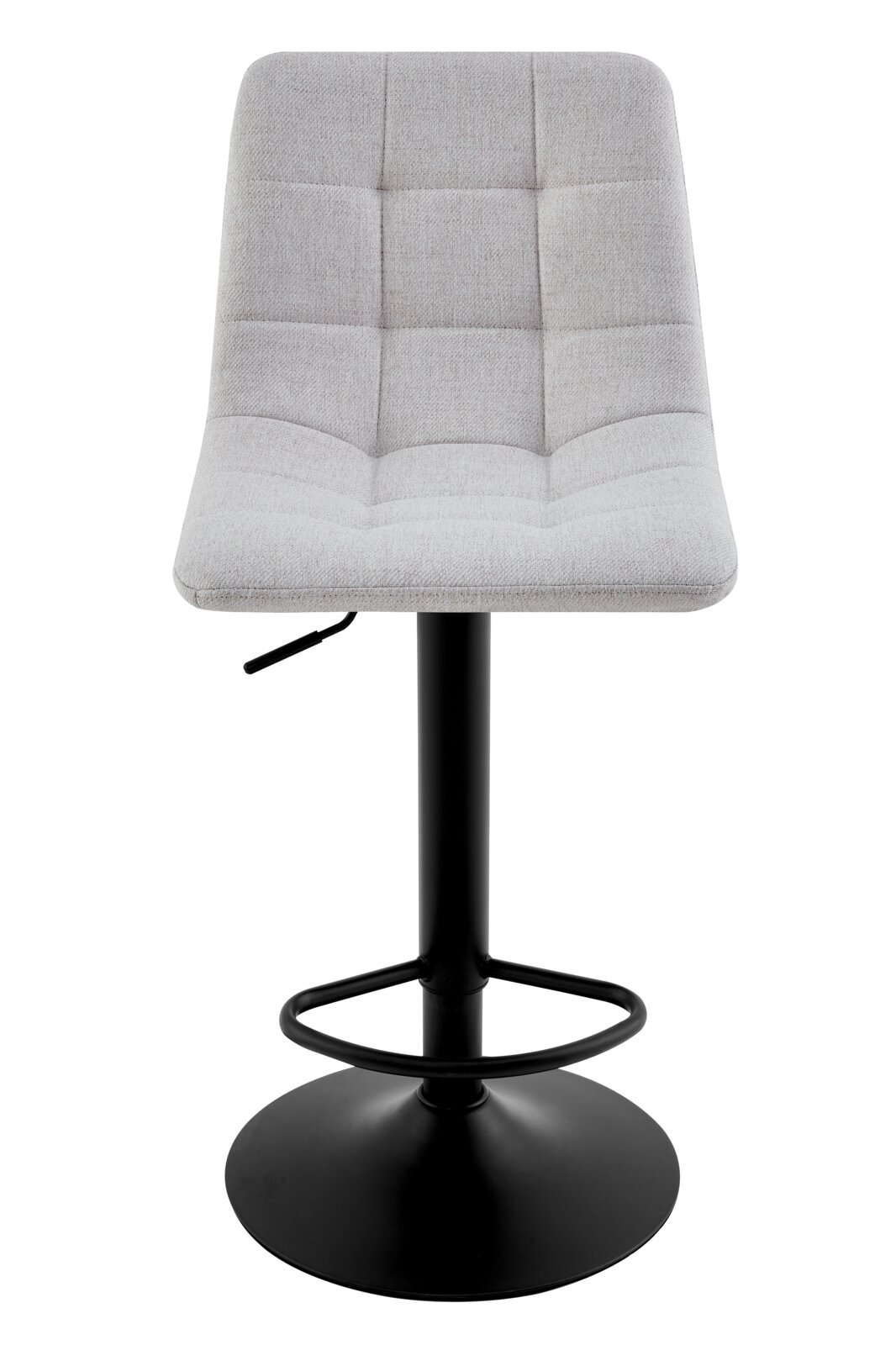 Moderner Barhocker mit grauem, gepolstertem Sitz und schwarzem Metallfuß, Frontalansicht.