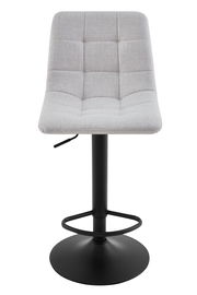 Moderner Barhocker mit grauem, gepolstertem Sitz und schwarzem Metallfuß, Frontalansicht.