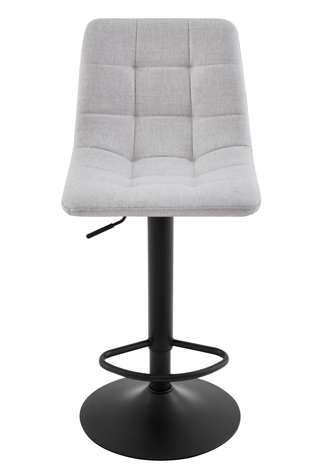 Moderner Barhocker mit grauem, gepolstertem Sitz und schwarzem Metallfuß, Frontalansicht.