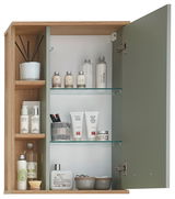 Moderner Wandschrank mit geöffneter Tür, gefüllt mit Pflegeprodukten und Accessoires, aus Holz und Glas, aus frontaler Perspektive.