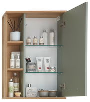 Moderner Wandschrank mit geöffneter Tür, gefüllt mit Pflegeprodukten und Accessoires, aus Holz und Glas, aus frontaler Perspektive.