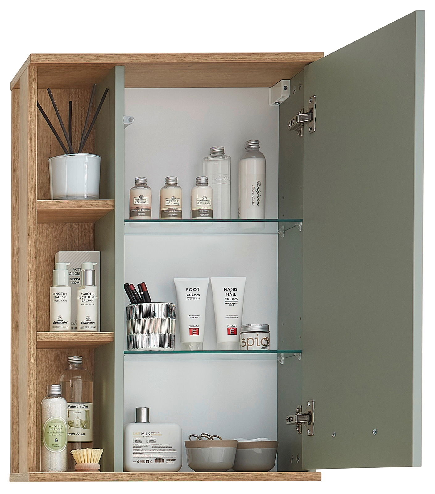 Moderner Wandschrank mit geöffneter Tür, gefüllt mit Pflegeprodukten und Accessoires, aus Holz und Glas, aus frontaler Perspektive.