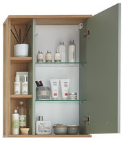 Moderner Wandschrank mit geöffneter Tür, gefüllt mit Pflegeprodukten und Accessoires, aus Holz und Glas, aus frontaler Perspektive.