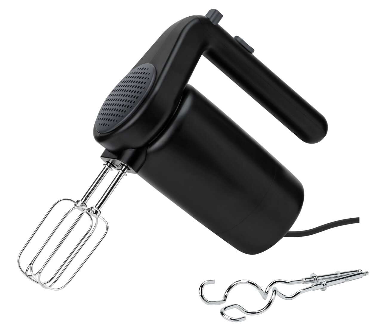 Schwarzer FOODIE Handmixer mit zwei Rührbesen und einem Knethaken, seitliche Perspektive