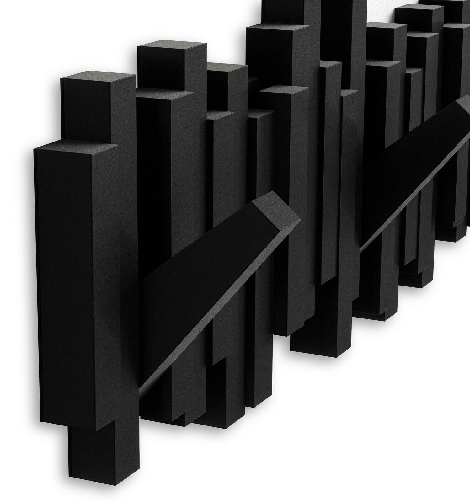 Schwarze Wandgarderobe mit modernem, geometrischem Design, seitliche Perspektive