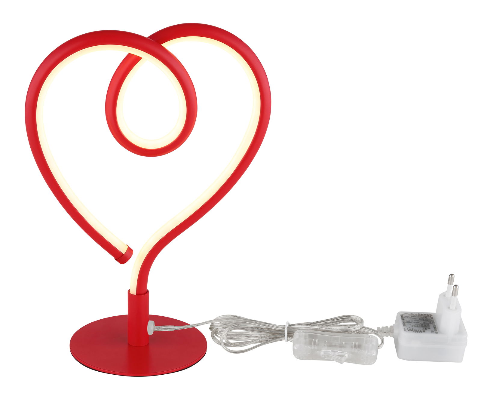 Rote LED-Tischleuchte in Herzform mit Netzteil, seitliche Perspektive