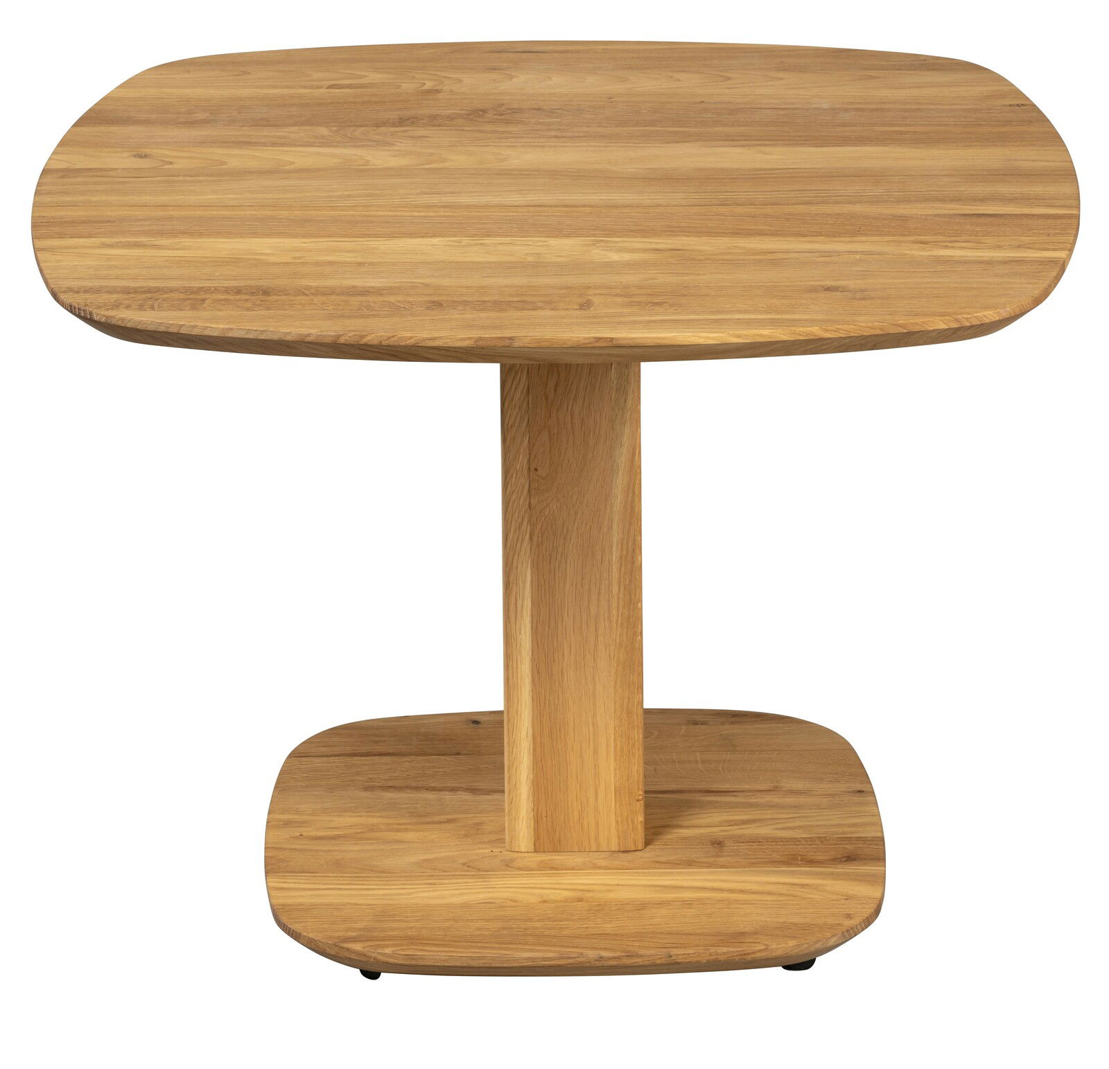 Moderner Couchtisch aus Holz in Frontalansicht mit ovaler Tischplatte und stabiler Mittelsäule.