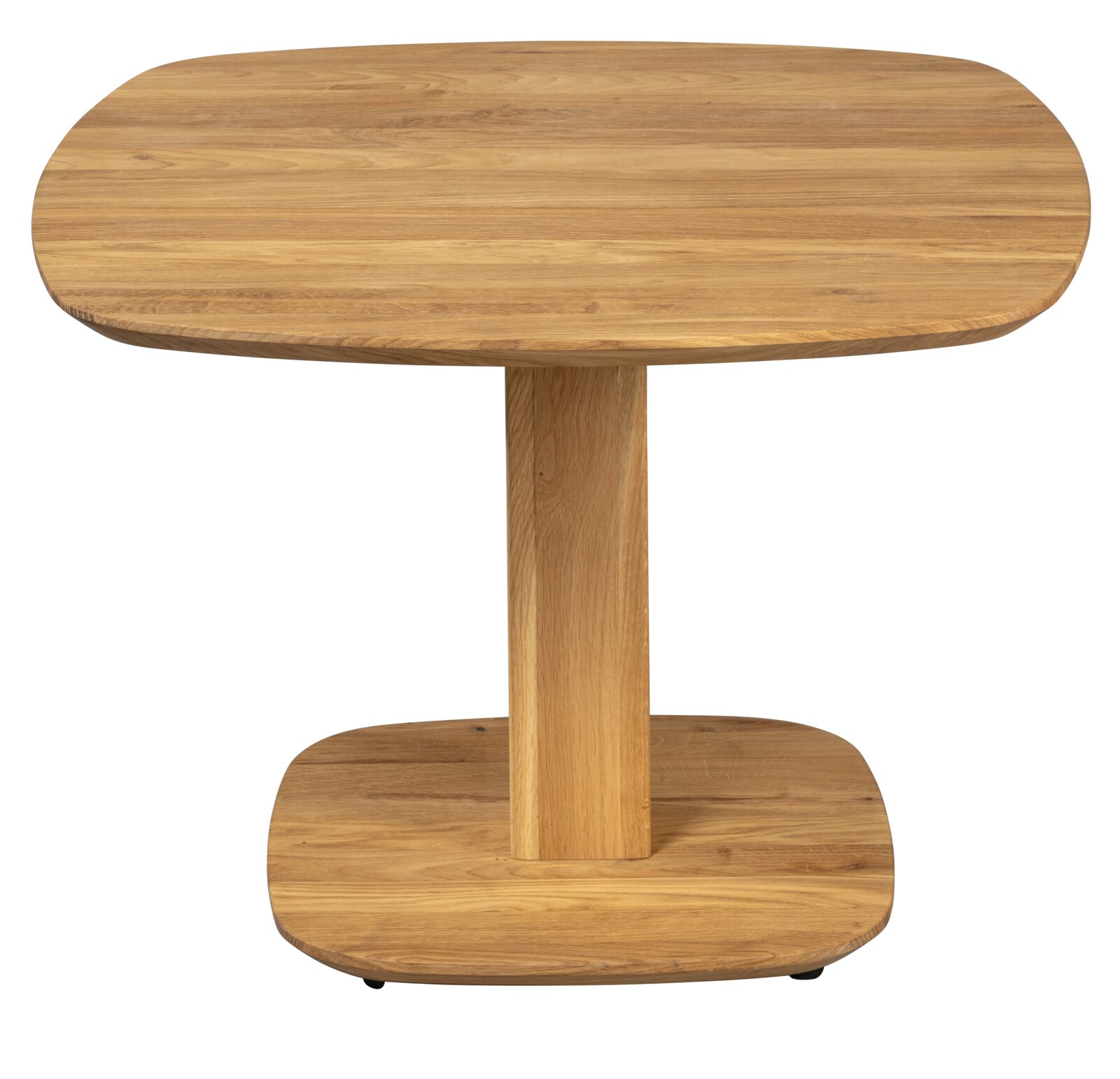 Moderne houten salontafel in vooraanzicht, met een ovaal tafelblad en een stevige middenpoot.