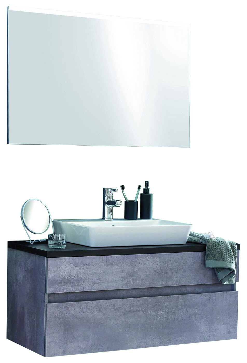 Moderner Badblock mit großem Spiegel, Waschbecken und Stauraum, frontal betrachtet.