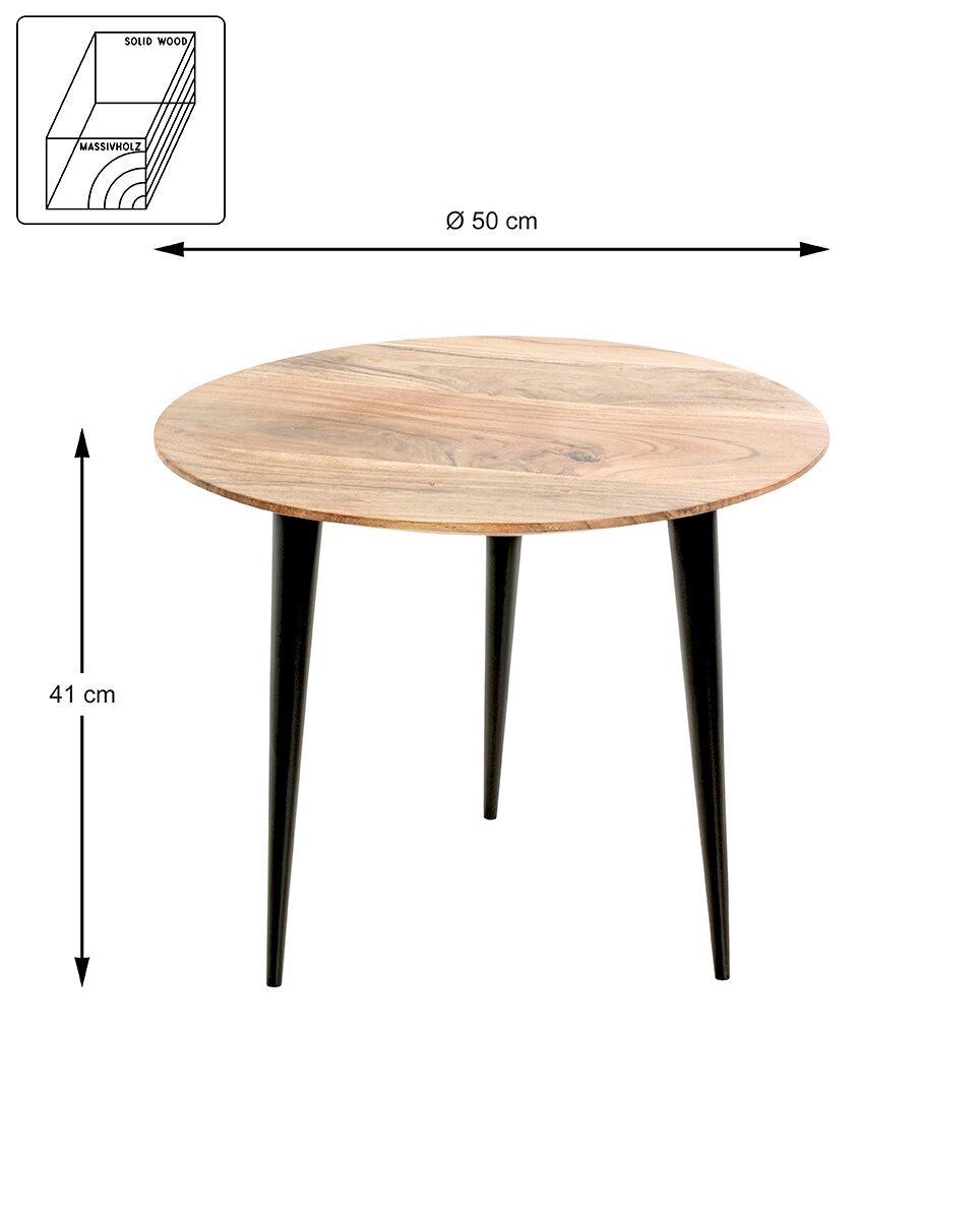 Runder Beistelltisch aus Massivholz mit naturfarbener Tischplatte und schwarzen, konischen Beinen, Ø 50 cm und 41 cm hoch, freigestellt in leichter Vorderansicht mit Blick von schräg oben.