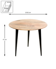 Runder Beistelltisch aus Massivholz mit naturfarbener Tischplatte und schwarzen, konischen Beinen, Ø 50 cm und 41 cm hoch, freigestellt in leichter Vorderansicht mit Blick von schräg oben.