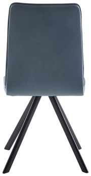 Rückansicht eines modernen Stuhls mit blauer Polsterung und schwarzen Metallbeinen.