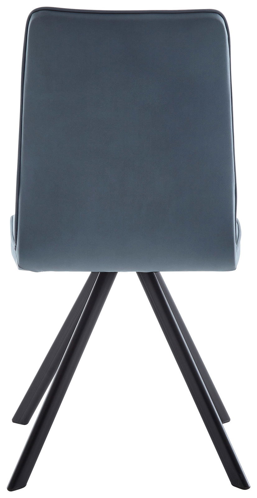 Rückansicht eines modernen Stuhls mit blauer Polsterung und schwarzen Metallbeinen.