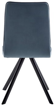 Rückansicht eines modernen Stuhls mit blauer Polsterung und schwarzen Metallbeinen.