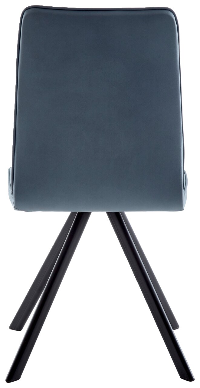 Achterkant van een moderne stoel met blauwe bekleding en zwarte metalen poten.