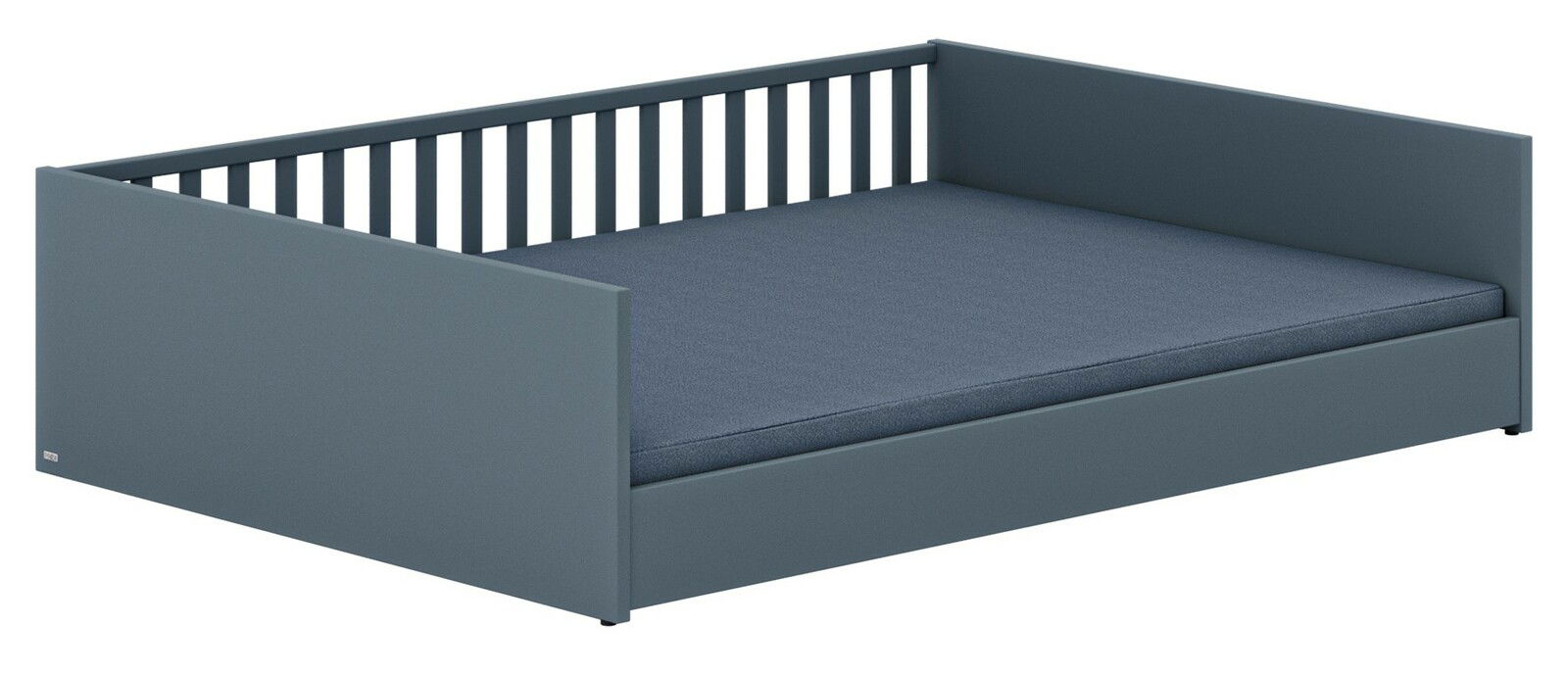 Modernes Bodenbett in Dunkelgrau mit Gitterrückwand, seitlicher Blick.