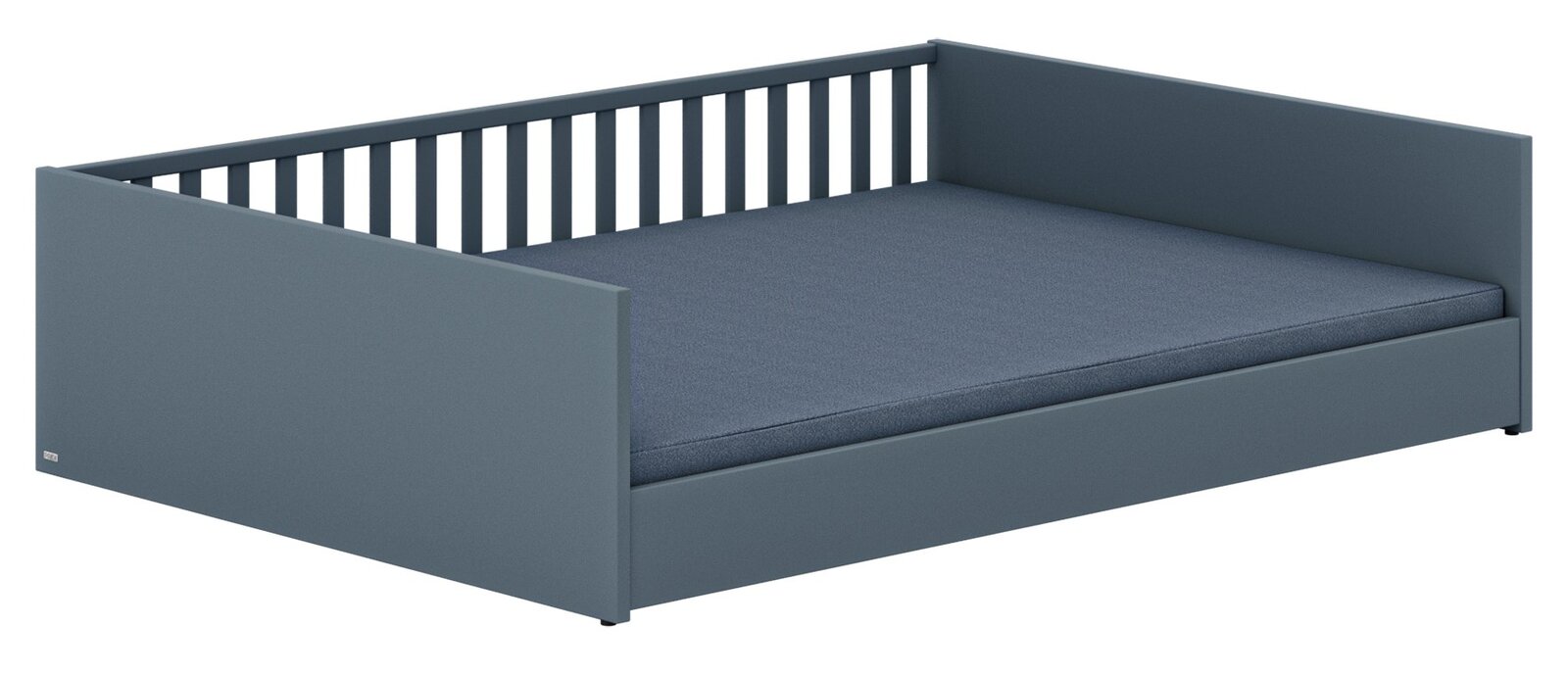 Modernes Bodenbett in Dunkelgrau mit Gitterrückwand, seitlicher Blick.