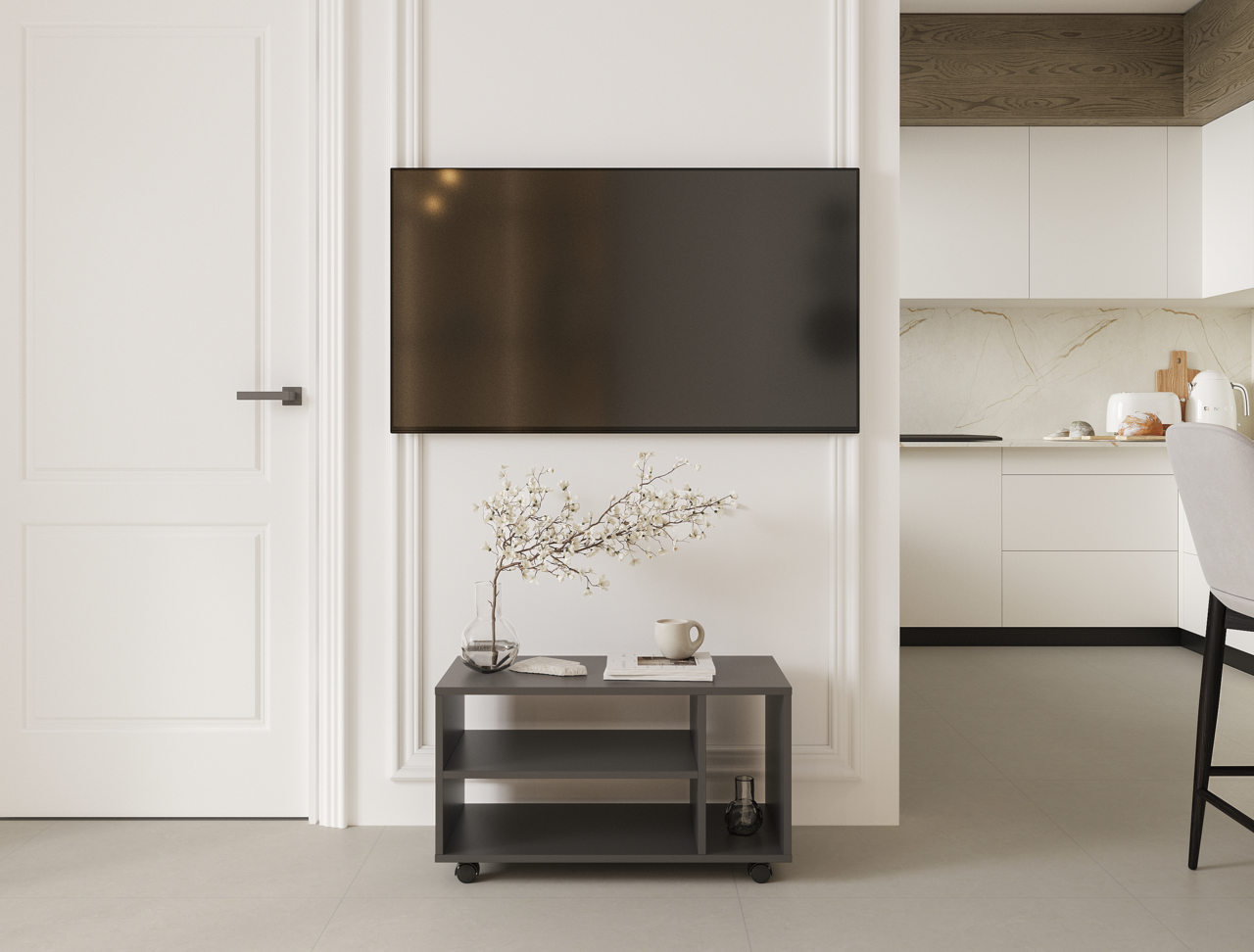 Moderner TV-Rollwagen in einem stilvollen Wohnzimmer, frontal betrachtet, mit Dekorationen wie einer Vase und einer Tasse darauf.