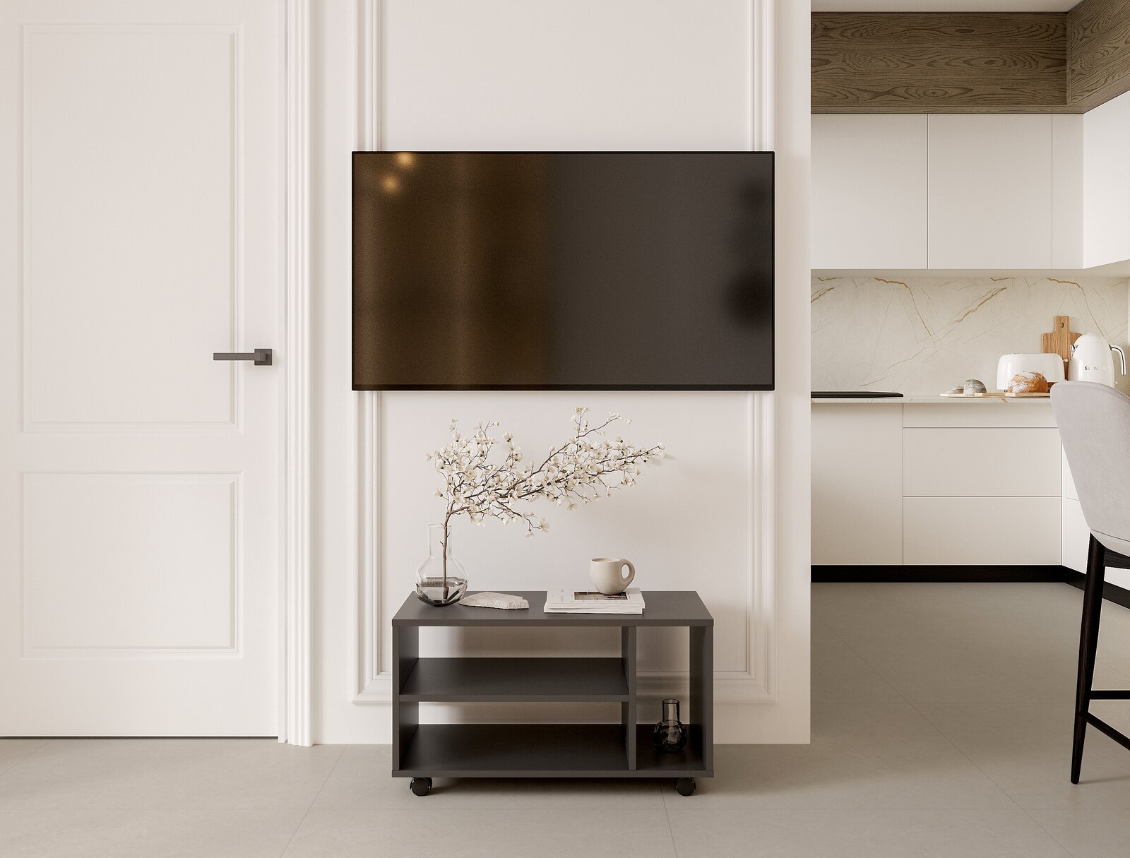 Moderner TV-Rollwagen in einem stilvollen Wohnzimmer, frontal betrachtet, mit Dekorationen wie einer Vase und einer Tasse darauf.