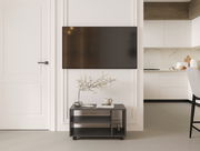 Moderner TV-Rollwagen in einem stilvollen Wohnzimmer, frontal betrachtet, mit Dekorationen wie einer Vase und einer Tasse darauf.