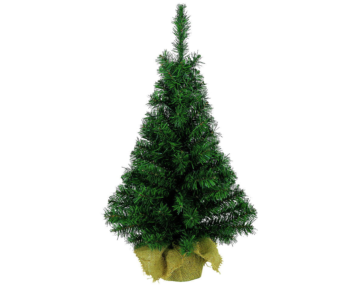 Künstlicher Minibaum in voller Frontalansicht, mit grünen Nadeln und einem Jutesack als Basis.