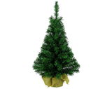 Künstlicher Minibaum in voller Frontalansicht, mit grünen Nadeln und einem Jutesack als Basis.