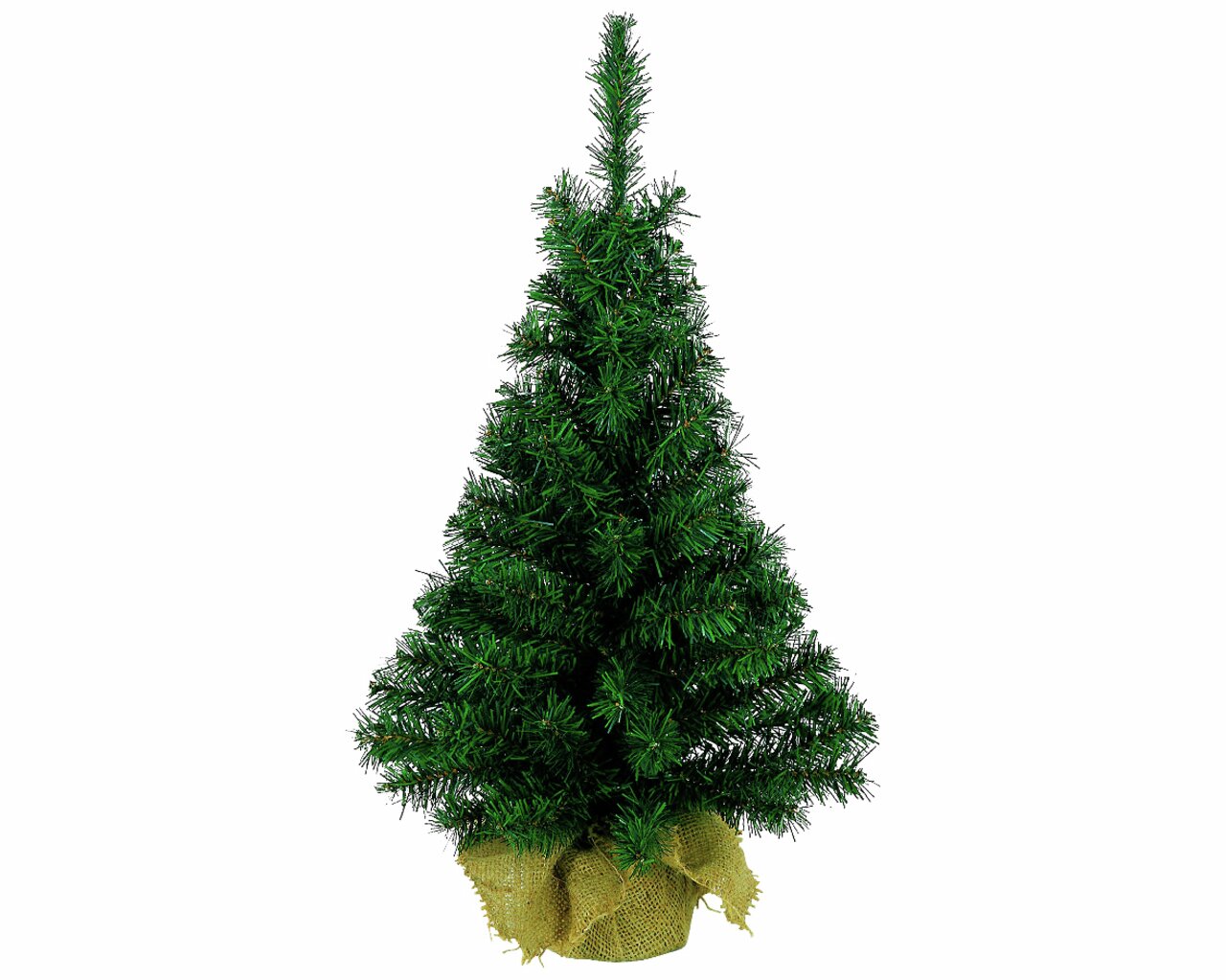 Everlands Mini-Tannenbaum mit Schmuck Künstlicher Minibaum in voller Frontalansicht, mit grünen Nadeln und einem Jutesack als Basis.