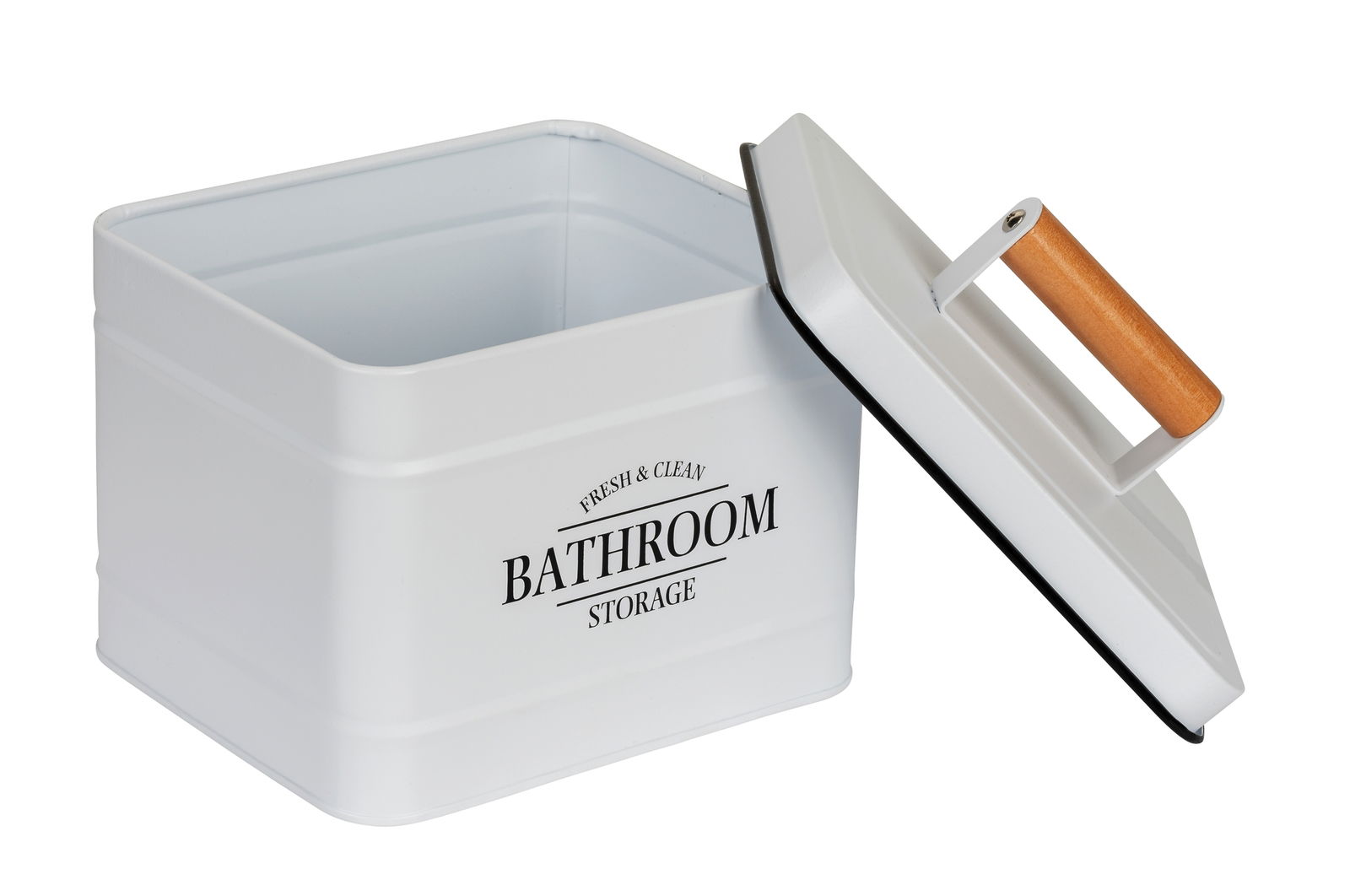 Wenko Badbox mit Deckel PALI Weiße Badbox mit Deckel und Holzgriff, geöffnet, aus seitlicher Perspektive fotografiert.