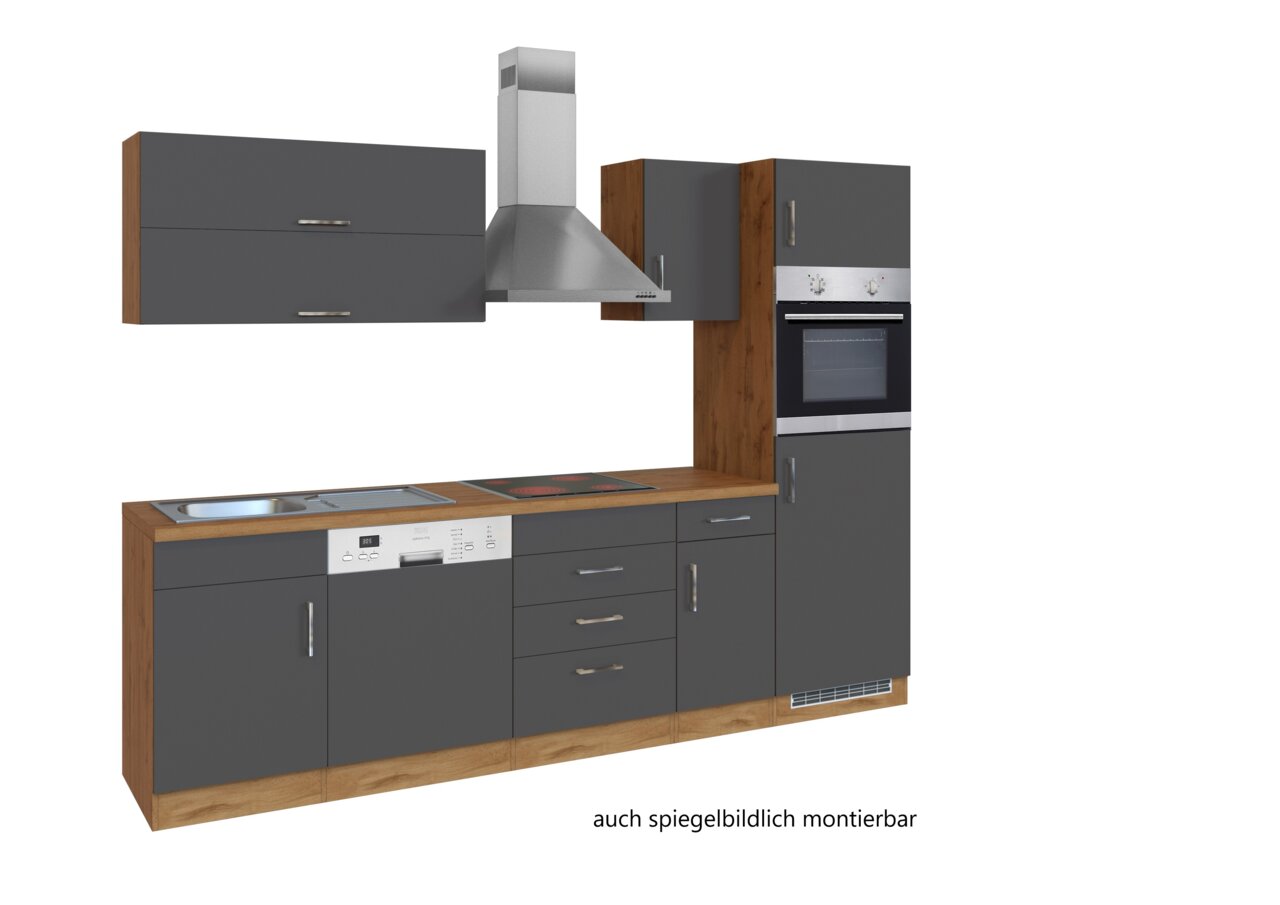Moderne keukenblok in donkergrijs met houten accenten, bestaande uit hangkasten, afzuigkap, spoelbak, vaatwasser, fornuis en oven. Vooraanzicht.
