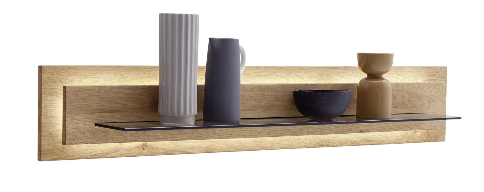 Wandboard Novel MANITOBA aus Holz mit dekorativen Vasen und Schalen, seitliche Perspektive