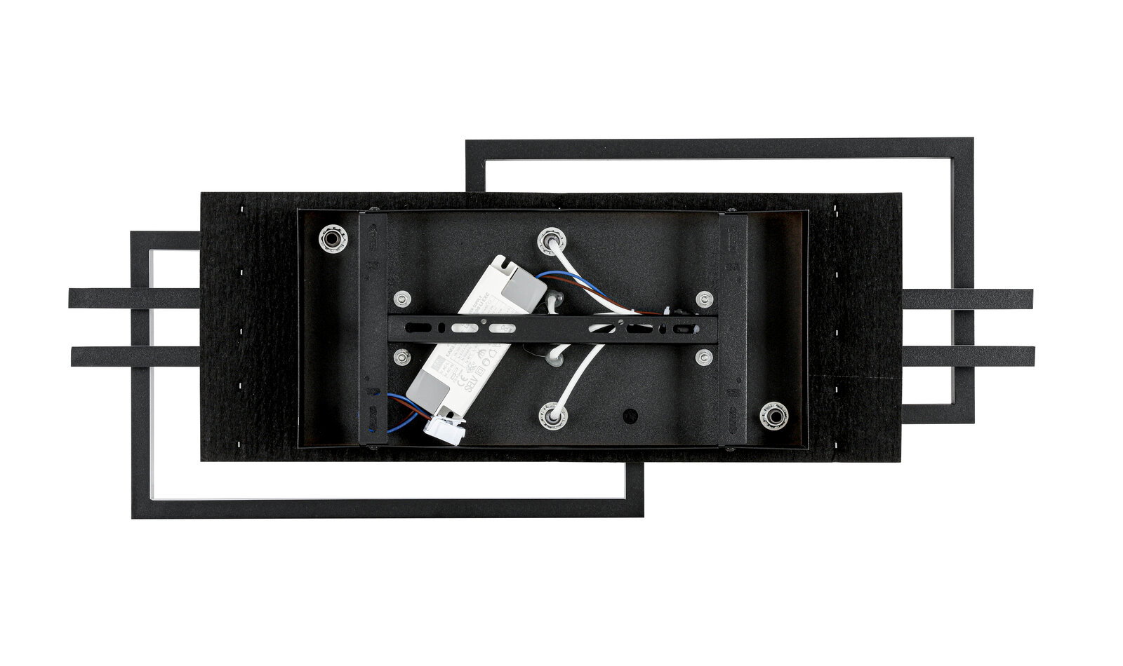 LED-Deckenleuchte in rechteckigem Design, von oben betrachtet, mit sichtbarer Verkabelung und schwarzem Rahmen.