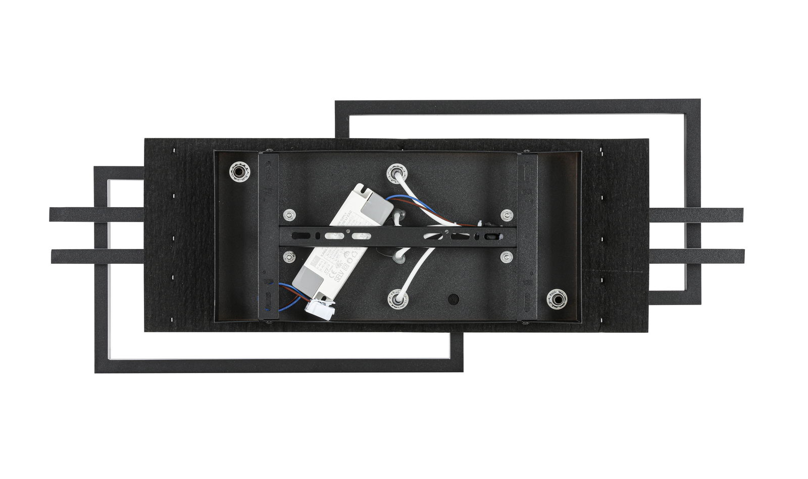 LED-Deckenleuchte in rechteckigem Design, von oben betrachtet, mit sichtbarer Verkabelung und schwarzem Rahmen.