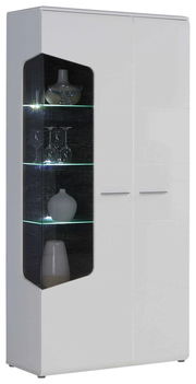 Zweiflügelige Vitrine in Weiß mit Glaseinsatz und LED-Beleuchtung, seitliche Perspektive