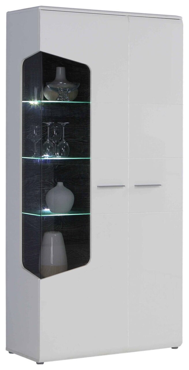 Zweiflügelige Vitrine in Weiß mit Glaseinsatz und LED-Beleuchtung, seitliche Perspektive