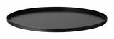 Schwarzes, rundes Tablett aus Metall, seitliche Perspektive