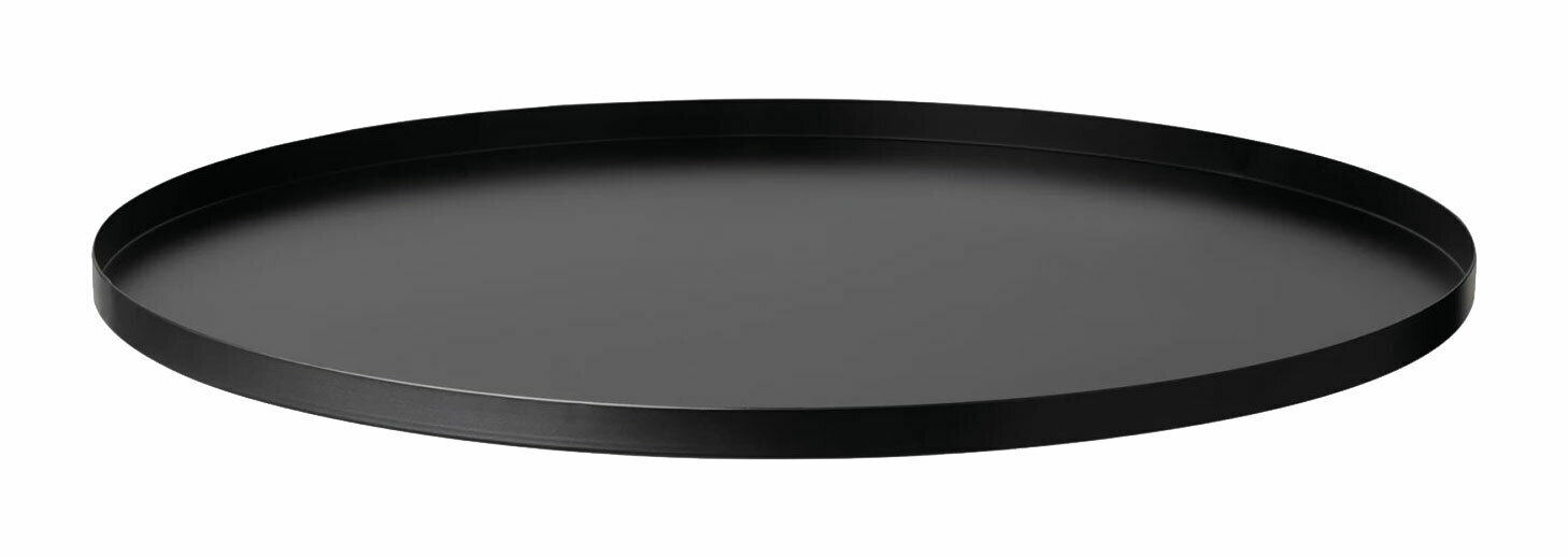 Schwarzes, rundes Tablett aus Metall, seitliche Perspektive