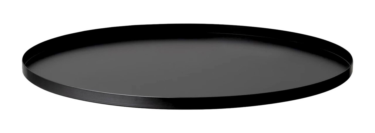 Schwarzes, rundes Tablett aus Metall, seitliche Perspektive